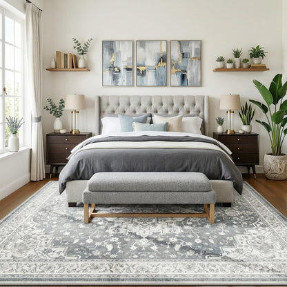 Marsail 8x10 Machine Washable Area Rug, Soft Low-Pile Carpet with Non-Slip Backing and Durable Bound Edges, Vintage Floral Design for Living Room and Bedroom, Dove Grey