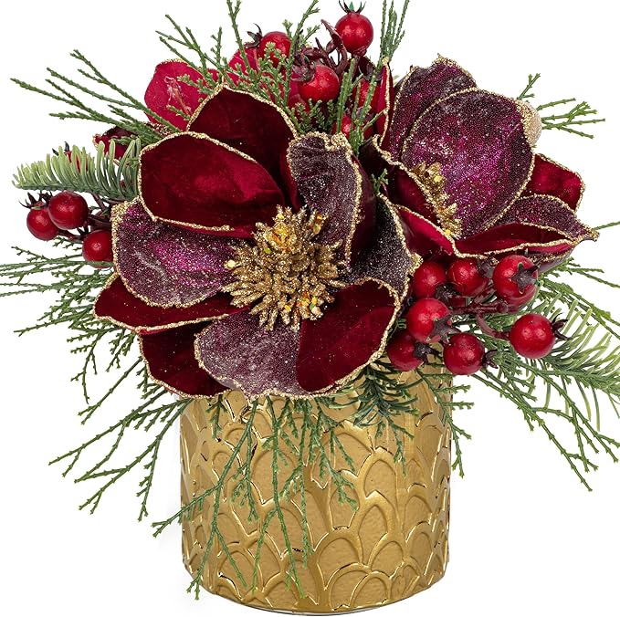 12 inch Red Christmas Table Centerpiece 5" Glitter Magnolia Flower and Red Berries Fir Greenery Artificial Christmas Floral Centerpiece in Golden Ceramic Pot Christmas Tabletop Arrangement Decor