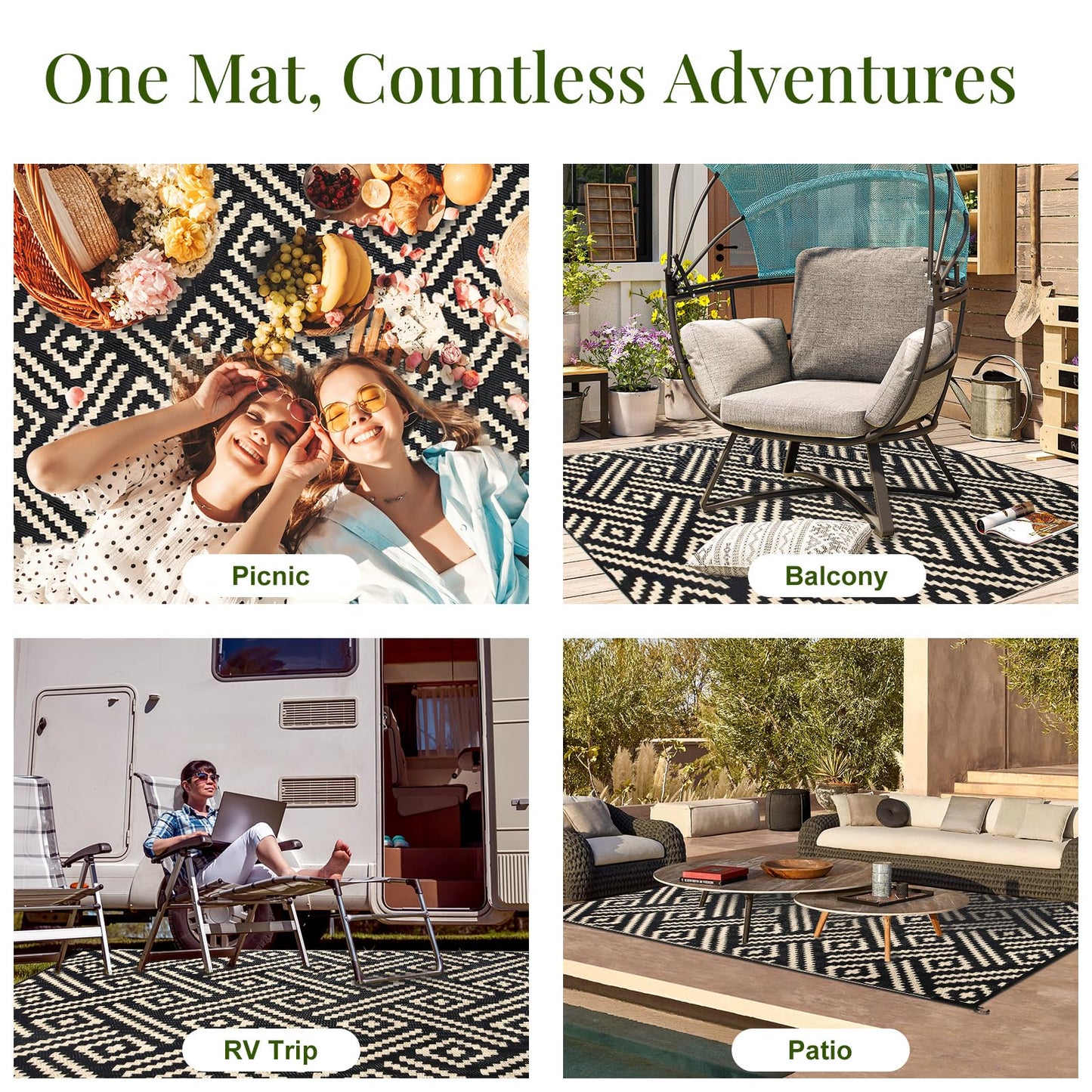 OPPODREAM Outdoor Rug 5x7 Ft, Waterproof Outdoor Plastic Straw Rug for Patio, Reversible Out Door Carpet for Camping, Deck, Rv, 5 x 7 Area Carpet for Balcony, Porch, Backyard, Black and Beige