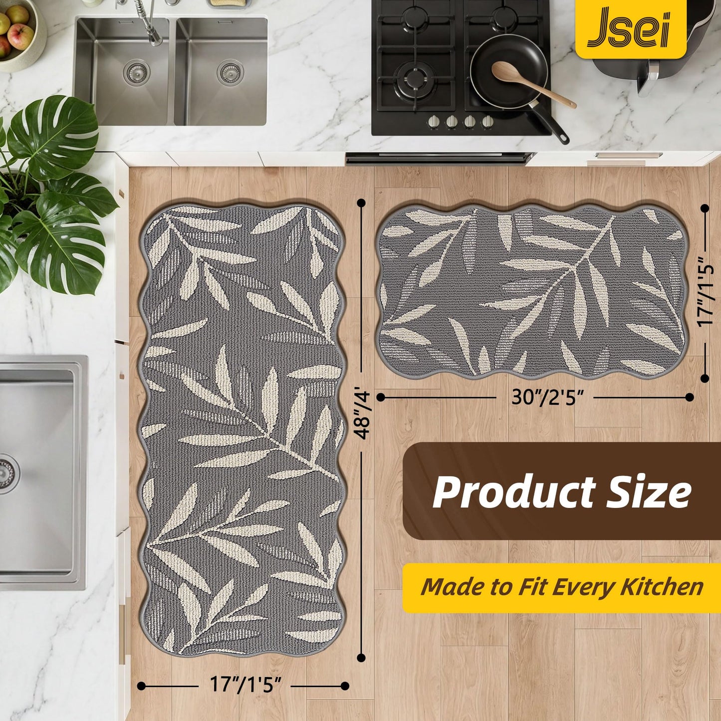 JSEI Scalloped Kitchen Rugs with 3D Leaf Pattern, 2 Pcs Kitchen Mats for Floor, Non-Slip Washable Kitchen Runner, Absorbent Rugs for Kitchen, Laundry & Sink, 17"x30"+17"x48", Grey