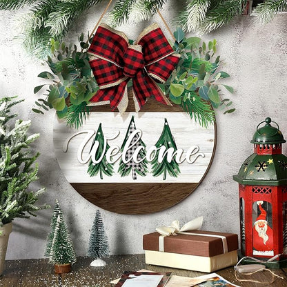 Boao Christmas Door Decorations Wooden Merry Christmas Welcome Front Door Sign Hanger with Red Buffalo Plaid Bow Xmas Wreaths for Outdoor Porch Farmhouse Decor