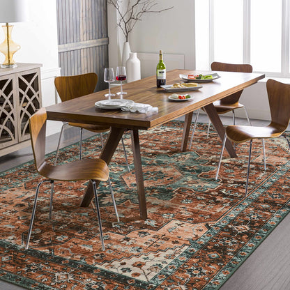 Moynesa 8x10 Ultra-Thin Vintage Area Rug - Oriental Print for Bedroom, Living Room, Under Table, Office, Entryway - Brick Red/Dull Teal