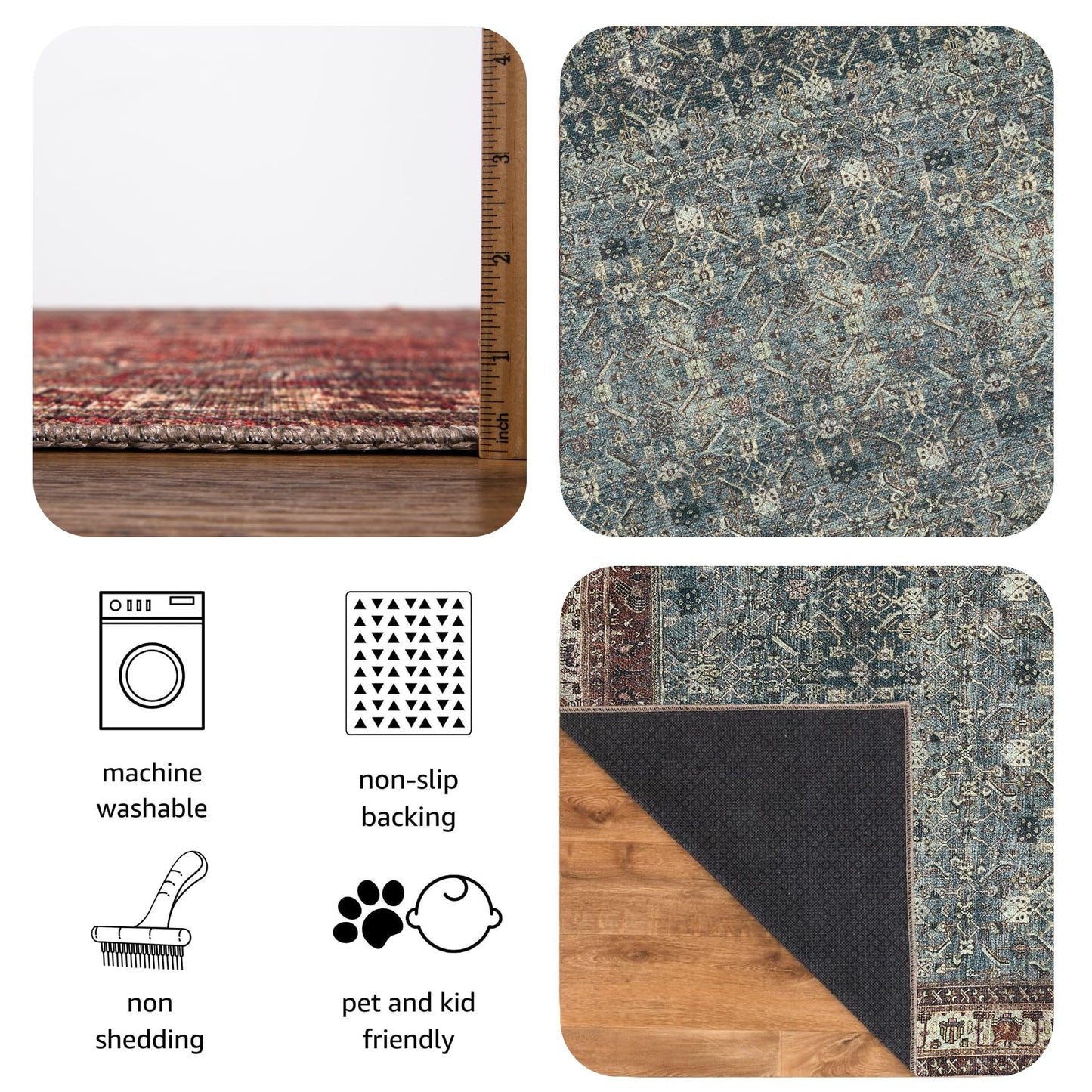 Keen Home Design 6x9 Rug - Machine Washable Area Rug with Non-Slip Backing, Ideal for Living Room, Dining Room, Bedroom - Vintage, Easy Clean, Durable, Low Pile Rug - (6' x 9')