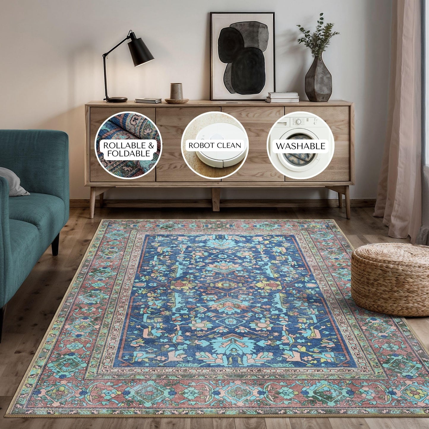 GIONARA Navy Blue Oushak Large Area Rug 8x10 - Washable Boho Rug Vintage Turkish Non-Slip Carpet Non-Shedding Extra Large Area Rugs for Living Room, Dining, Bedroom, Lounge, Farmhouse