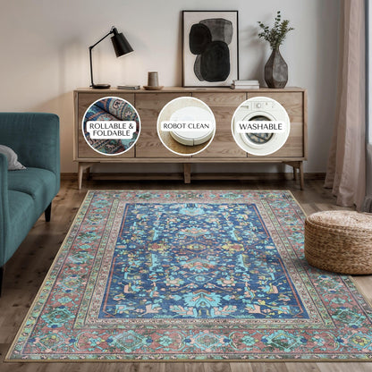 GIONARA Navy Blue Oushak Large Area Rug 8x10 - Washable Boho Rug Vintage Turkish Non-Slip Carpet Non-Shedding Extra Large Area Rugs for Living Room, Dining, Bedroom, Lounge, Farmhouse