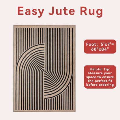 Tangsoo Rainbow Easy Jute Rug 5x7 Large Washable Area Rug for Living Room,Black Non-Slip Thin Outdoor Rug,Modern Farmhouse Indoor Carpet for Dining Room Table Bedroom Patio