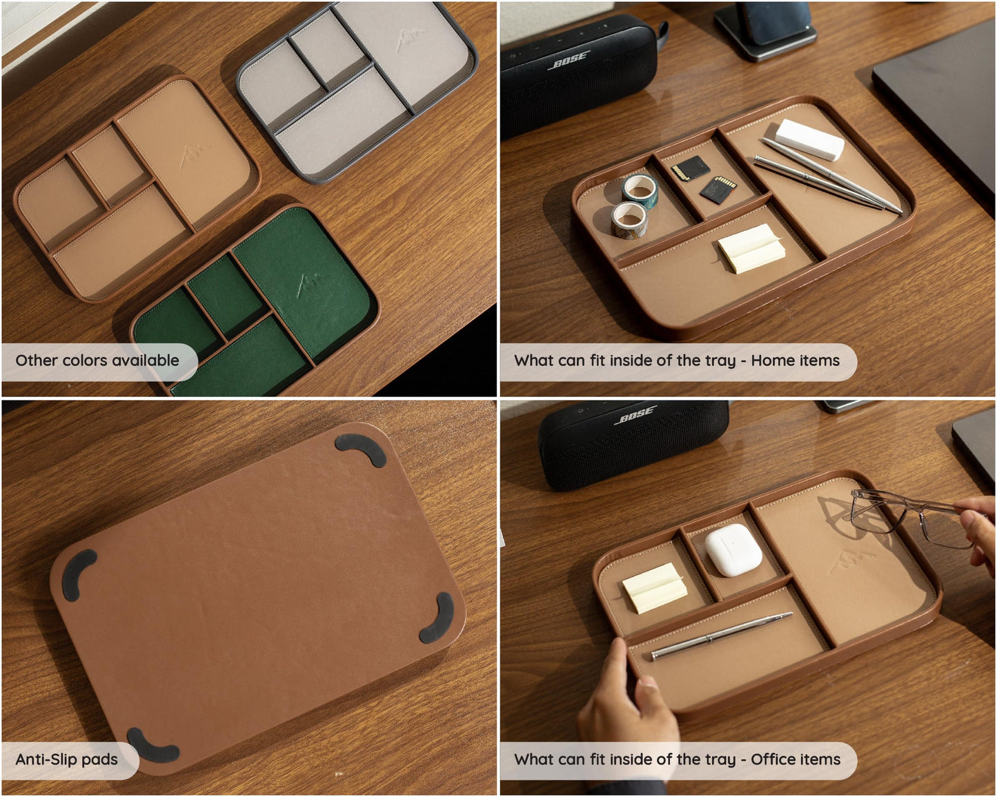 MUUJEE Leather Catchall Multitray (Design 1) - 11.65 x 7.75 x 0.8, Everyday Watch and Wallet Caddy Organizer with 4 Compartments, Accessory Glasses Phone Valet Dump Tray for Bedside Nightstand, Tan