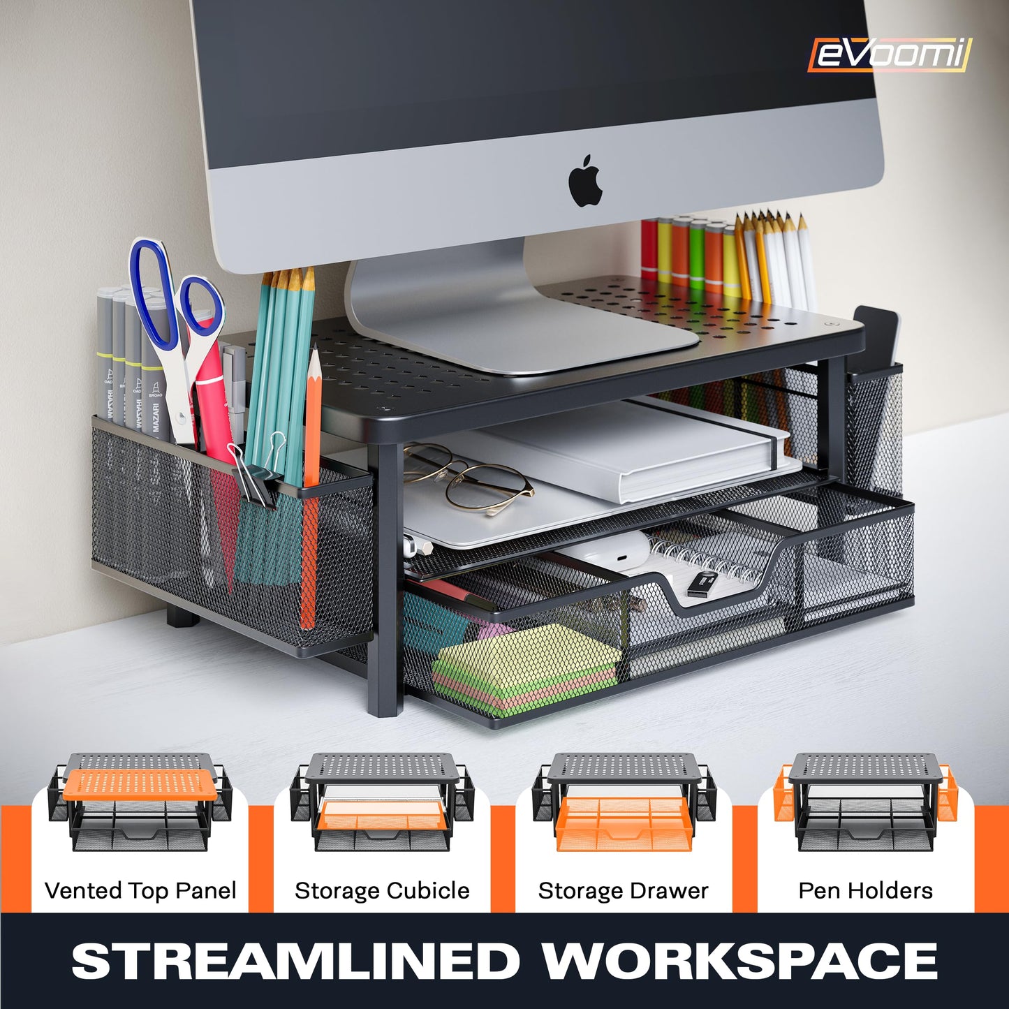 eVoomi FlowMax Ergonomic Desk organizer Computer Monitor Stand -Improved XL Desk Drawer, File Paper Pencil Holders - Pro Posture Eye-Level Tension Relief - Anti-Slip Home Office Supplies Storage Stand for Laptop Monitor or Printer