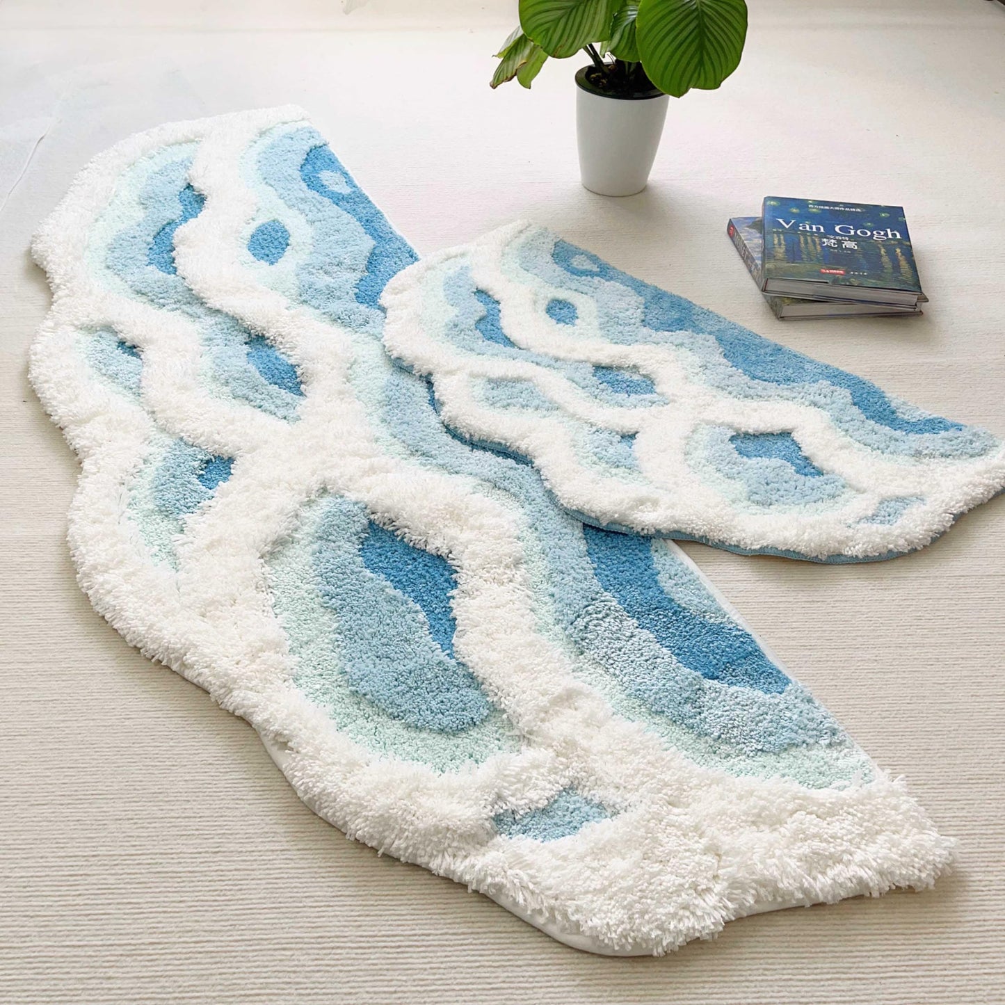 ZSHIFANG Soft Shag 3D Stereo Wave Moss Bedside Rug 20"×36" Cute Navy Blue Runner Rug Non Slip Washable Bathroom Rugs Bath Mats for Bedroom Bathroom Hallway Home Decor Indoor Doormat Shower Mat
