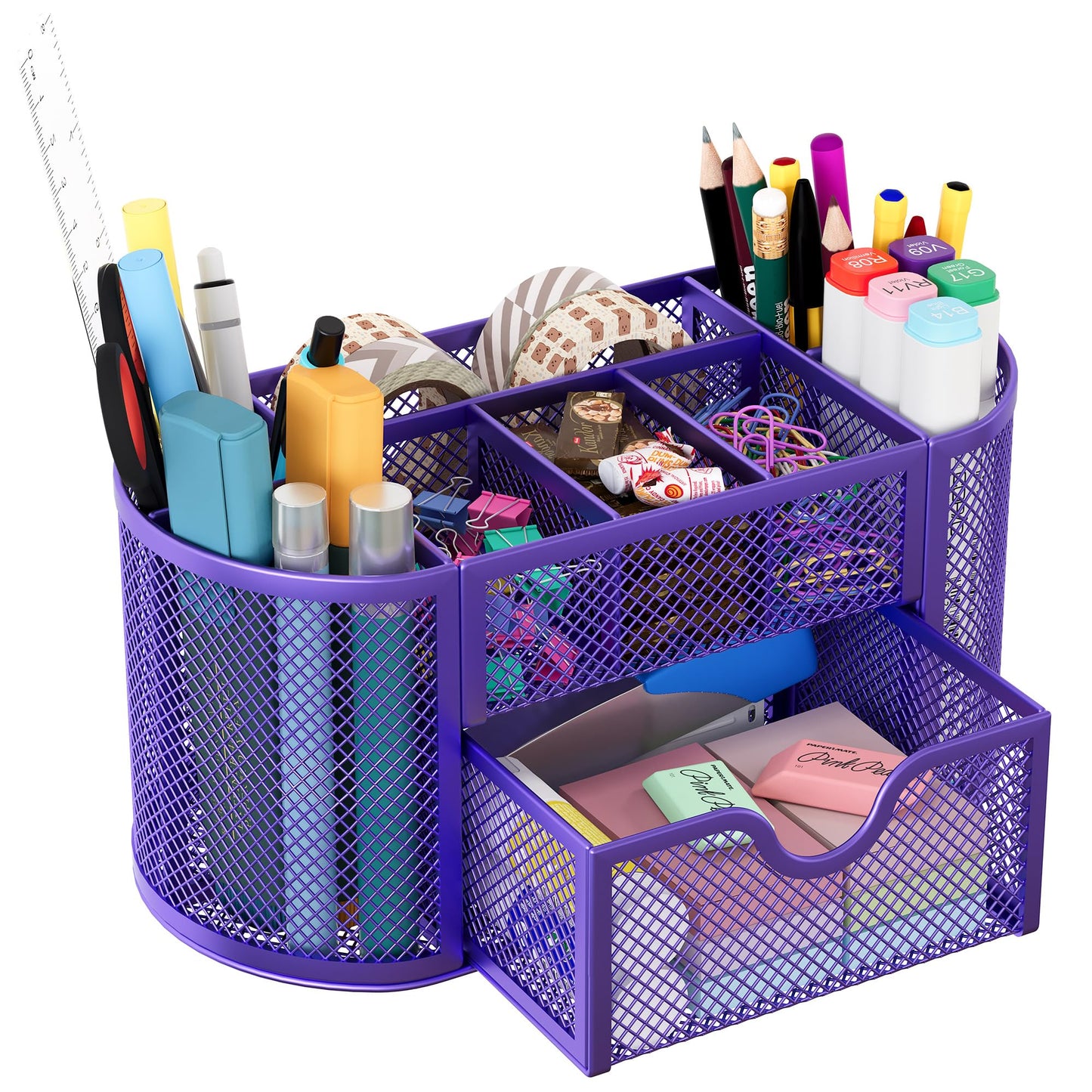 EasyPAG Mesh Pen Holder Desk Organizer with Drawer Stationery Supplies Organizer for Dorm School 9 Compartments Workspace Desk Accessories Organization for Office, Purple