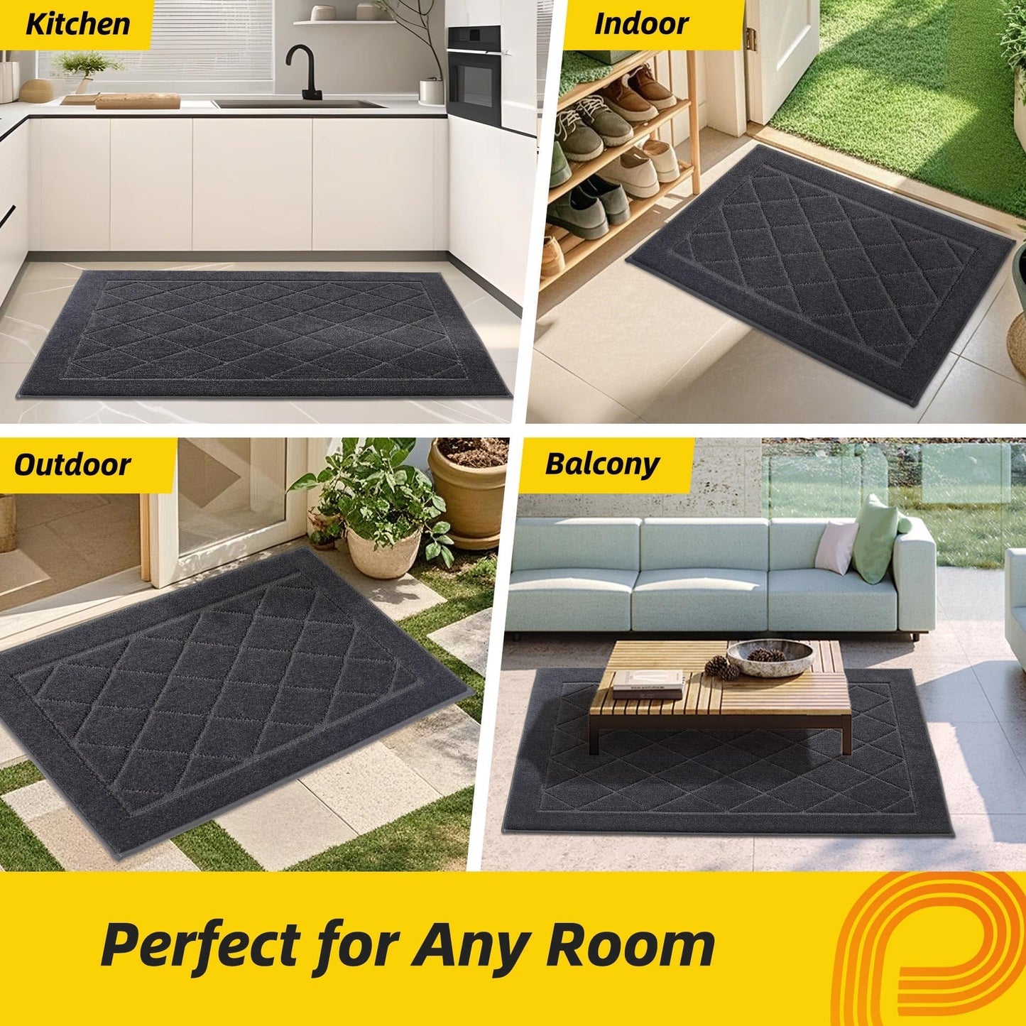 JSEI Dirt Trapper Door Mat 20"x32", Non-Slip Washable Entryway Mats, Dog Door Mat, Absorbent Floor Mats, Low Profile Welcome Mat for Front Back Door, Dark Grey