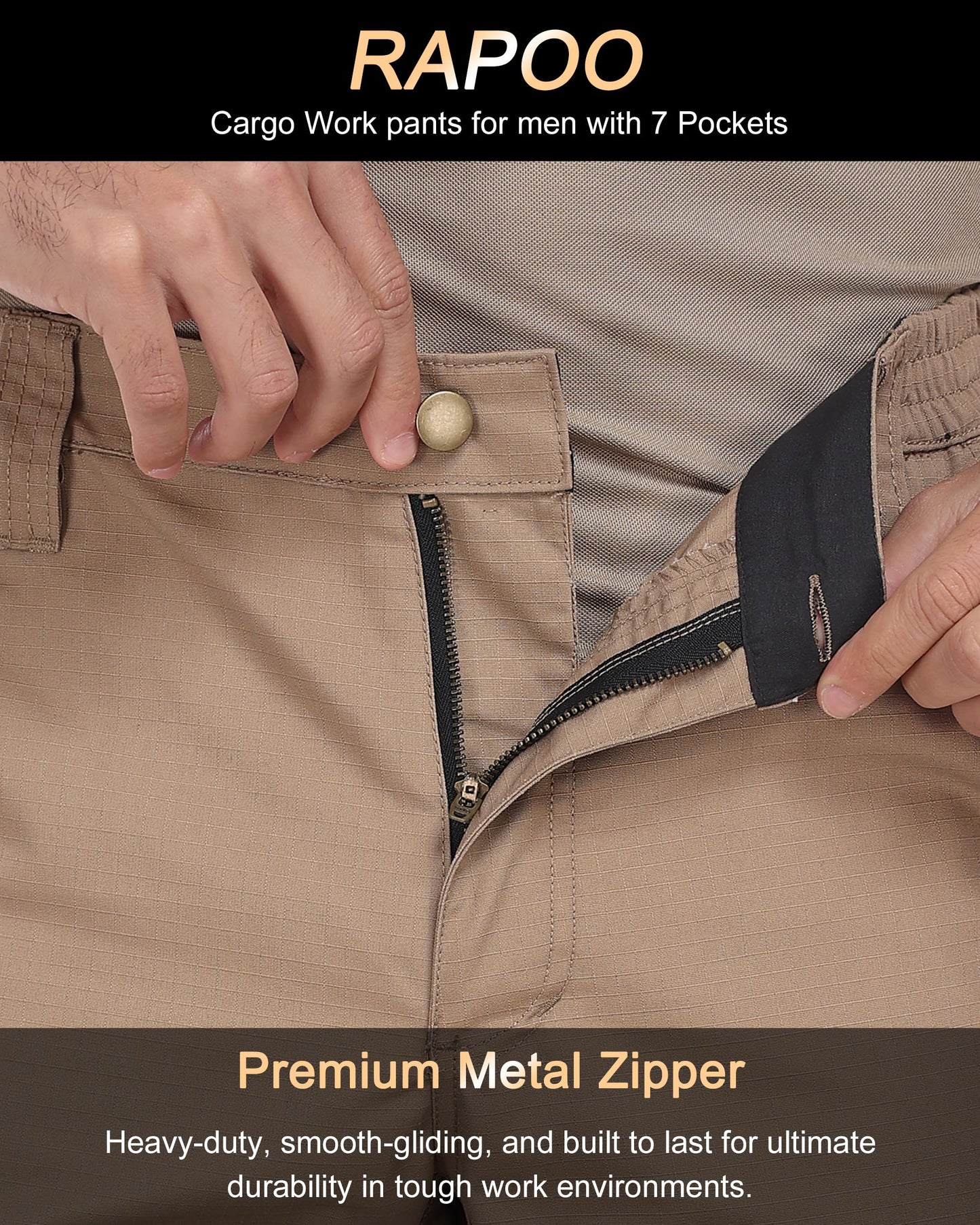 Rapoo Cargo Work Pants for Men Military Army Casual Hiking Pants for Men with Multi Pockets Elastic Waist Mens Ripstop Construction Carpenter Pants Khaki 34Wx32L