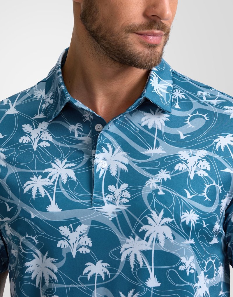 Obla Mens Golf Polo Shirts Short Sleeve Dry Fit Casual Print Collared Golf Shirts Wicking for Men(Blue Coconut Beach_XXXL)