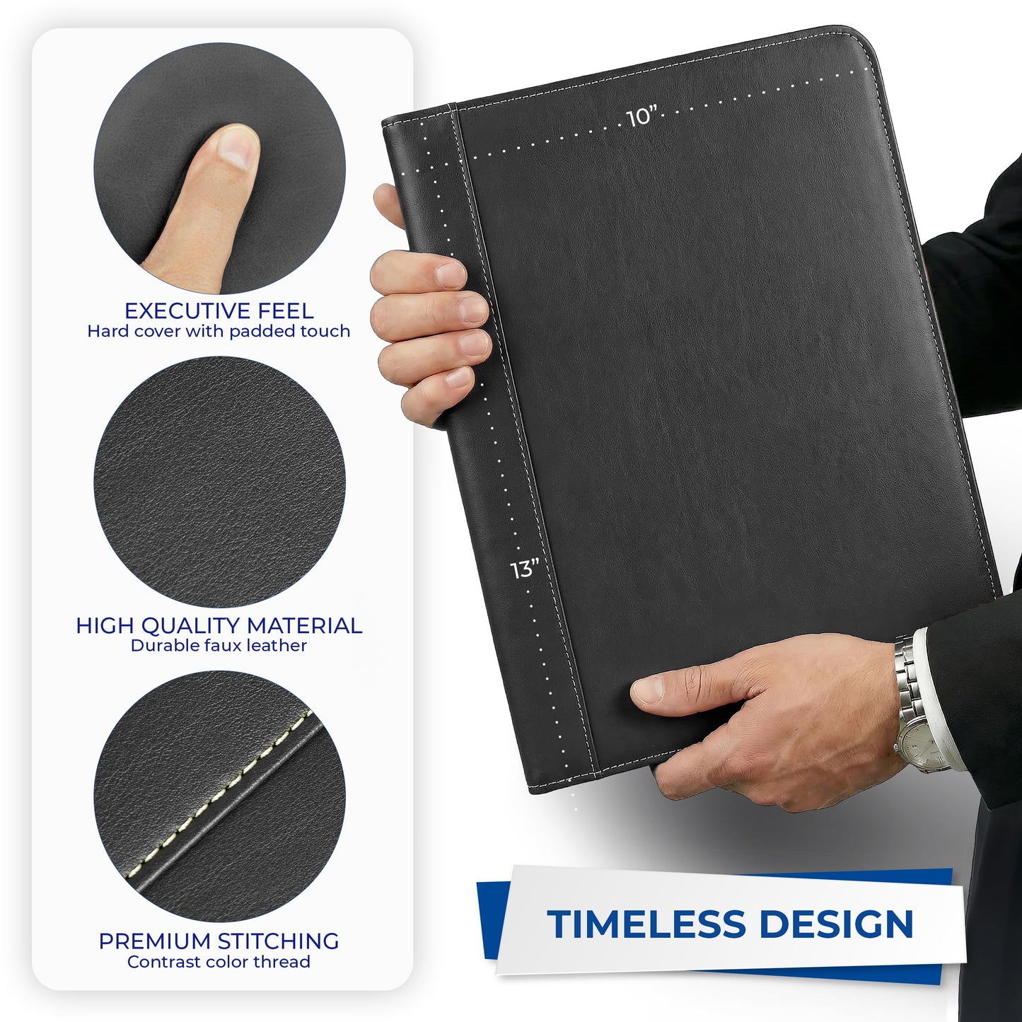 Samsill Contrast Stitch Faux-Leather Padfolio, Business Portfolio for Men and Women, Resume Document Organizer with 8.5 x 11 Inch Writing Pad, Black