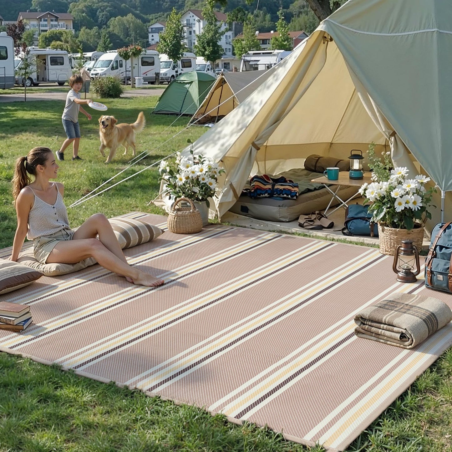 PureCozy Outdoor Waterproof 5x8 Rug for Patio Reversible Plastic Straw Beige Striped Camping Mat Outside Lightweight Large Floor Mat for RV Deck Beach Balcony Picnic Backyard Entry Porch