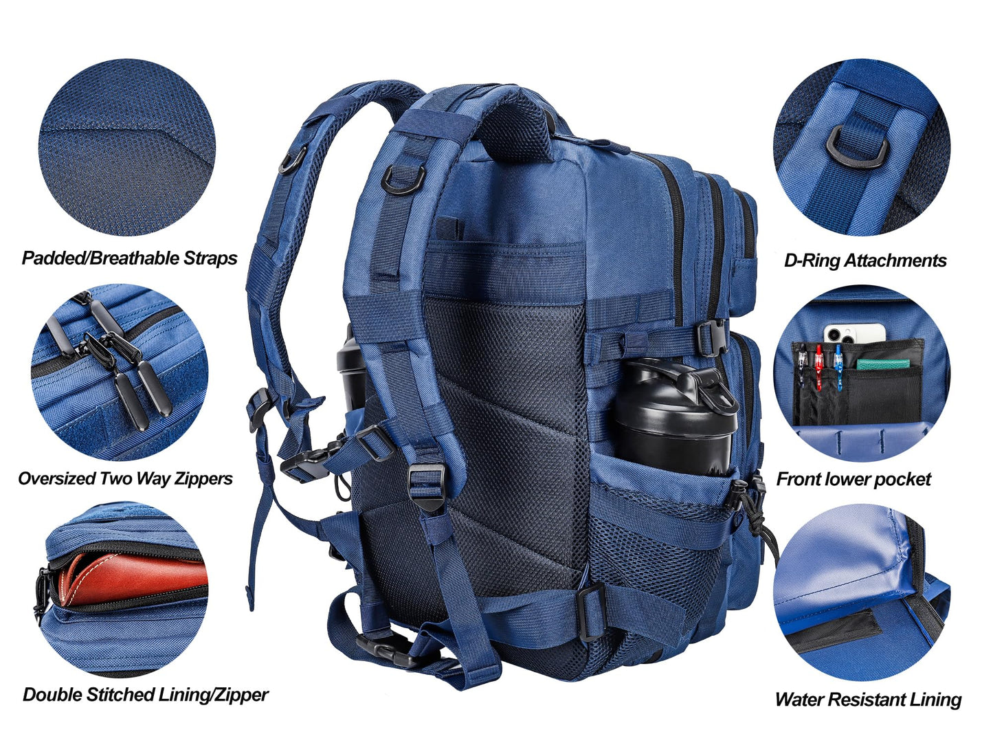 LHI Military Tactical Backpack for Men and Women 45L Army 3 Days Assault Pack Bag Large Rucksack with Molle System - Blue