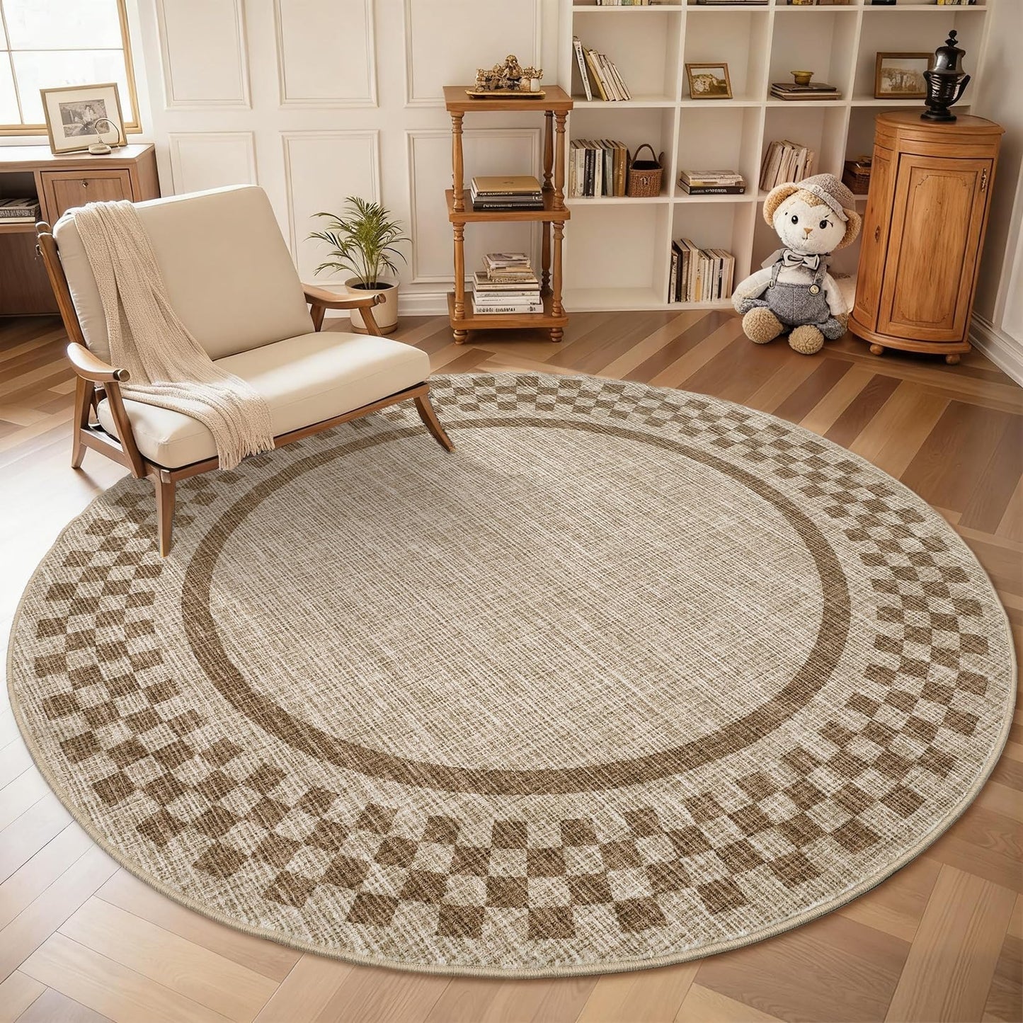 4ft Washable Round Rug for Entryway Modern Checkered Bedroom Circle Rug Non Slip Soft Dining Room Round Throw Carpet Small Stain Resistant Border Round Rugs for Living Room Kitchen Bathroom, Taupe