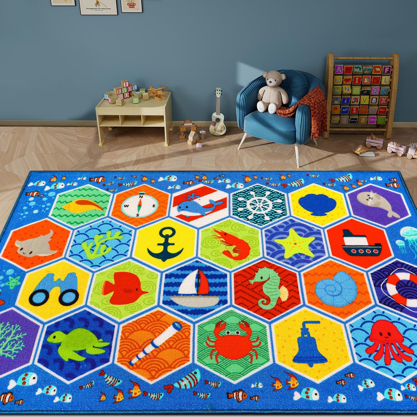 Mfmiudole Extra Large Ocean Classroom Rug with 24 Hexagon Seats, 13.3'×7.7' Educational Preschool Carpet for Circle Time, Kindergarten, Daycare and Early Learning, Non-Slip Kids Classroom Rug