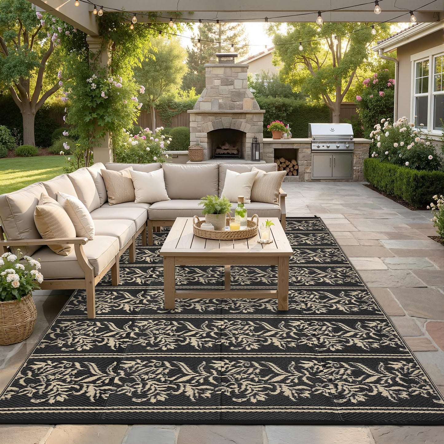 GarveeHome Outdoor Rug 9x12 Waterproof for Patio, Reversible Outdoor Plastic Straw Rug, Wallpaper Flower Indoor Outdoor Mat Carpet for RV, Camping, Deck, Backyard, Picnic, BlackCoffe