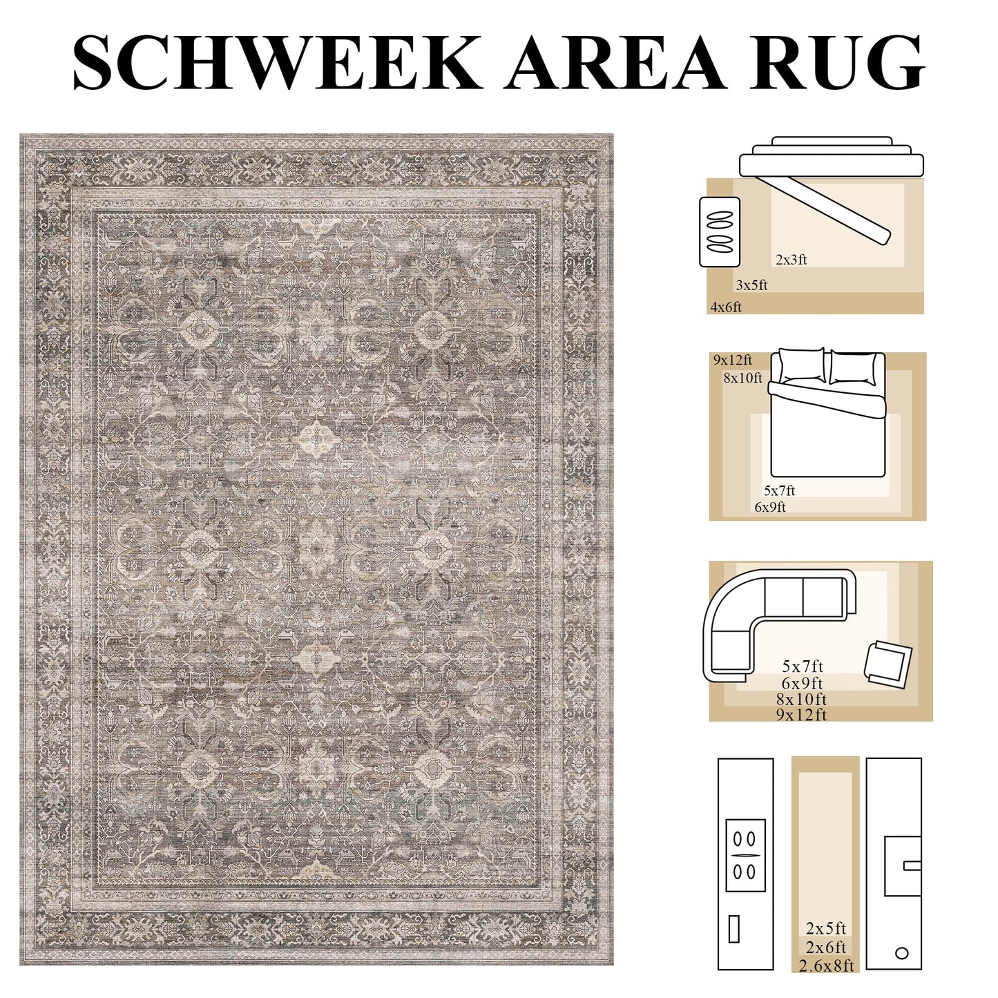 Schweek 6x9 Area Rug Washable Neutral Vintage Distressed Living Room Rugs Large Non Slip Low Pile Soft Floral Carpet Stain Resistant Throw Rug for Bedroom Dining Room Kitchen Office Nursery Taupe