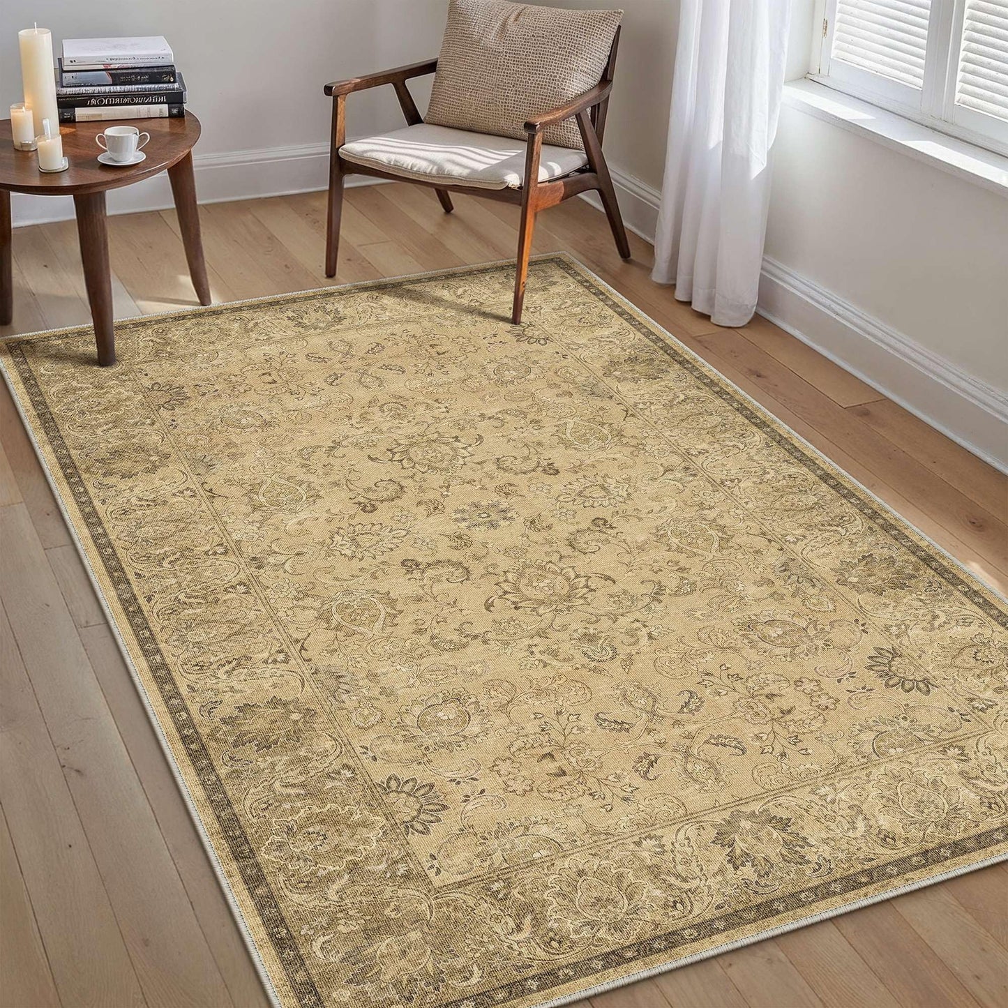 HUGEAR 3x5 Machine Washable Area Rugs Vintage Brown - Neutral Non Slip Stain Resistant Low Pile Aesthetic Throw Carpet Kids & Pet Friendly for Living Room Kitchen Dining Room Laundry