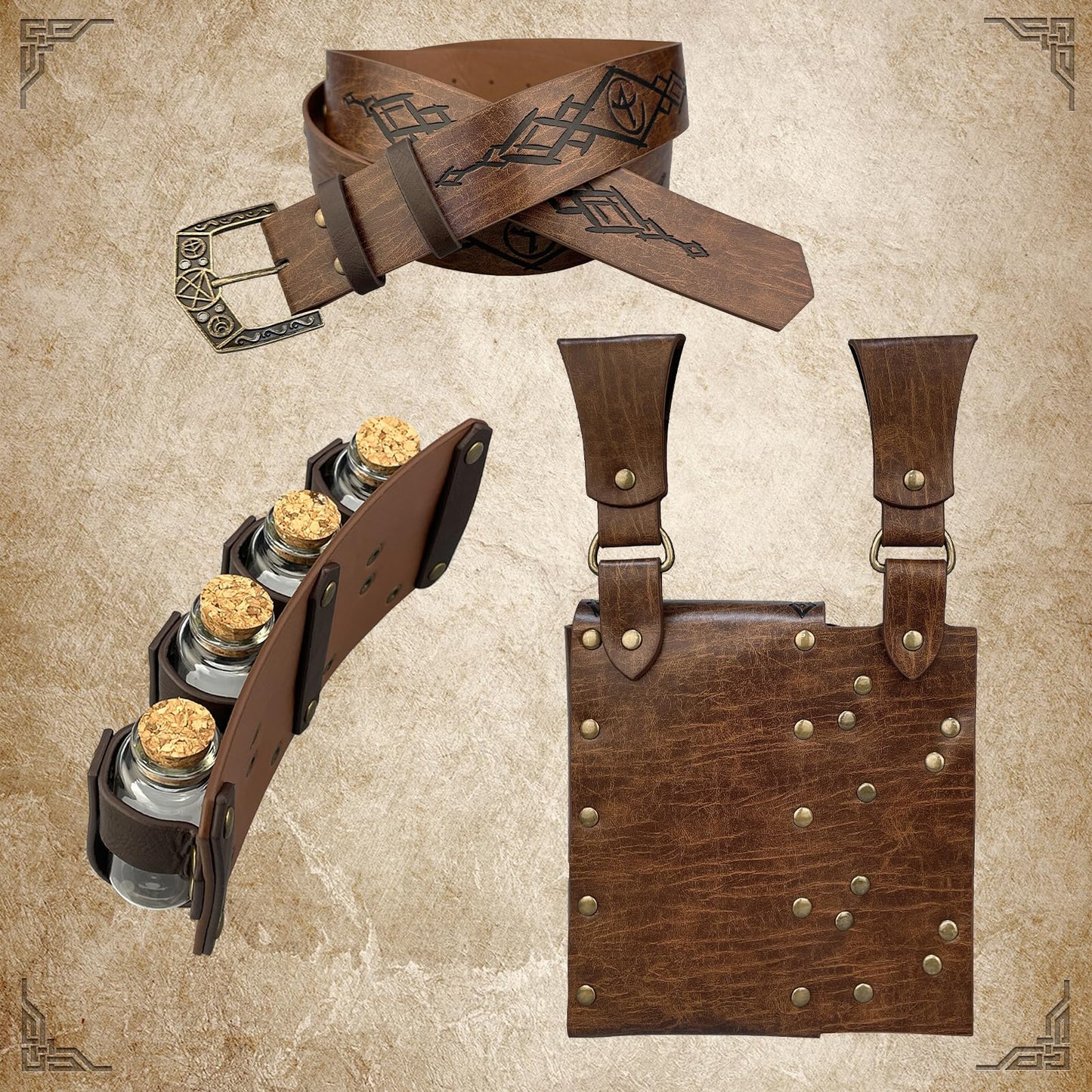 EpicCos 3 PCs Medieval Alchemy Belt Waist Pack Combo with Multiple Potion Bottles, Viking Rivet Belt Side Pouch for Cosplay (Brown D)