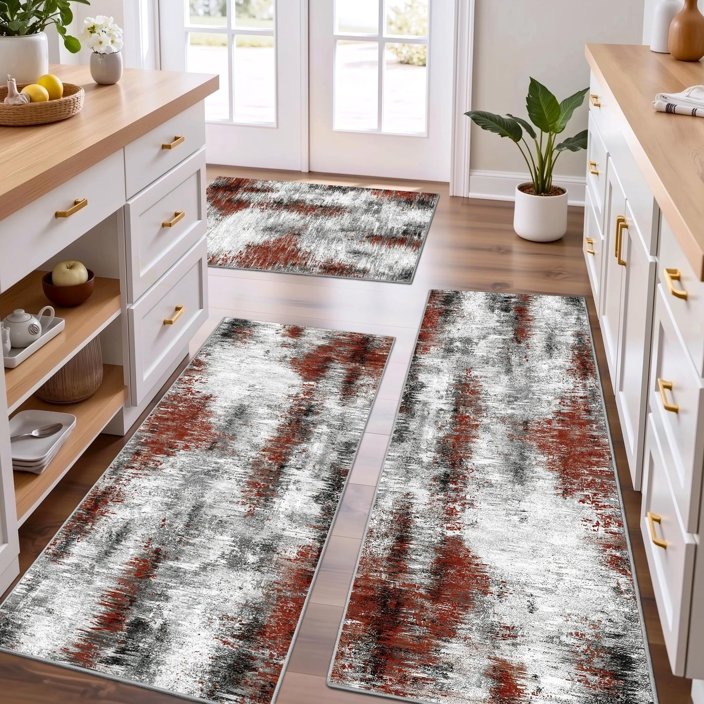 Tritard Upgrade Non Slip Kitchen Rugs Sets of 3 Washable Kitchen Mats for Floor Abstract Kitchen Runner Rug Soft Floor Mat Set Kitchen Carpet Rugs for Hallway, Laundry, Entryway, Office, Rust Red