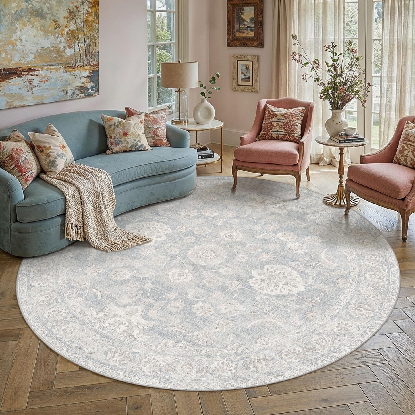 WondRg 8x8 Blue Cream Washable Round Rug for Living Room Bedroom Neutral Floral Soft Non Slip Circle Rug Low Pile Distressed Carpet for Dining Room Nursery Office Indoor