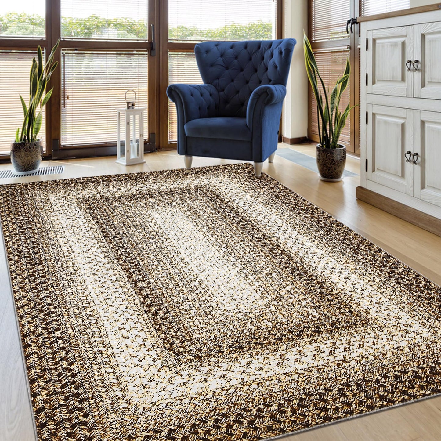ROYHOME Living Room Area Rug 5x7 Modern Braided Print Area Rug Geometric Border Dining Room Throw Carpet Washable Carpet Rustic Large Boho Mat for Bedroom Nursery, Taupe