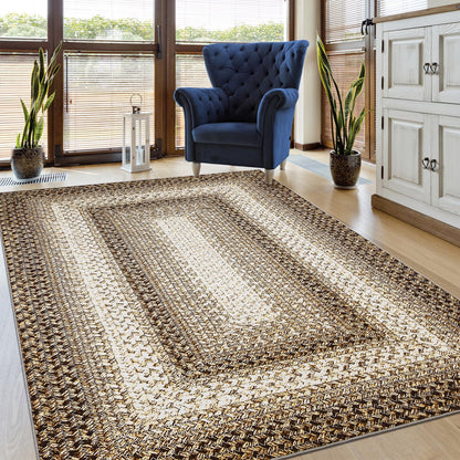 ROYHOME Living Room Area Rug 5x7 Modern Braided Print Area Rug Geometric Border Dining Room Throw Carpet Washable Carpet Rustic Large Boho Mat for Bedroom Nursery, Taupe