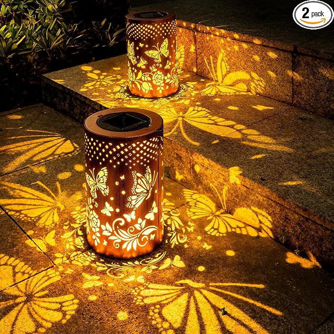 Boho Solar Lanterns Outdoor 2 Pack - Birthday Gifts for Mom Grandma Metal Hanging Solar Powered Unique Garden Decorative LED Lights for Outside Yard Patio Lawn Porch Decor (Butterfly 2 Pack)