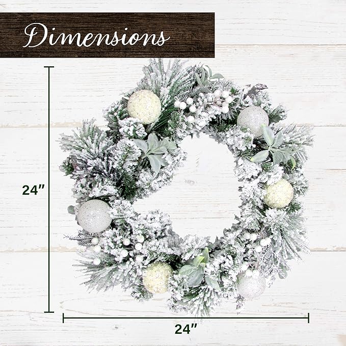 Fraser Hill Farm 24" Christmas Snow Covered Wreath Door Hanging with Glitter Ornaments, Leaves, and Berries, Artificial Holiday Hanging Decoration for Door, Wall, Mantel
