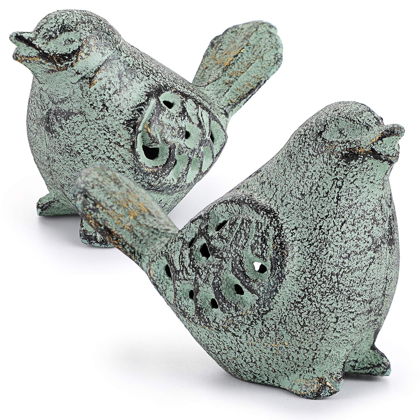 OwnMy 2PCS Cast Iron Green Bird Sculptures - Outdoor & Indoor Small Birds Statues, Hollow Carved Bird Figurines Ornaments Decorative Animal Figurines for Garden Patio Home Decors