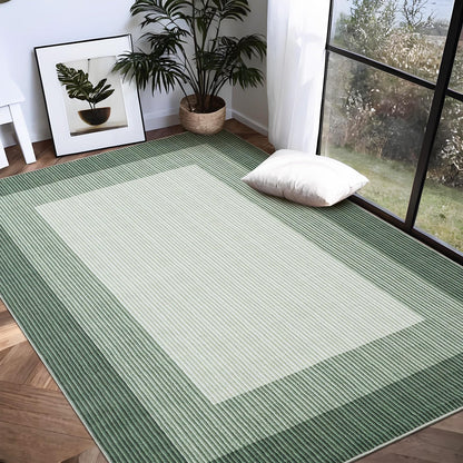 GarveeHome Washable Rug 8x10 Living Room Rug Neutral Bordered Carpet for Dining Room Solid Non Slip Low Pile Pet Friendly Large Carpet for Farmhouse Apartment Bedroom Dorm Green