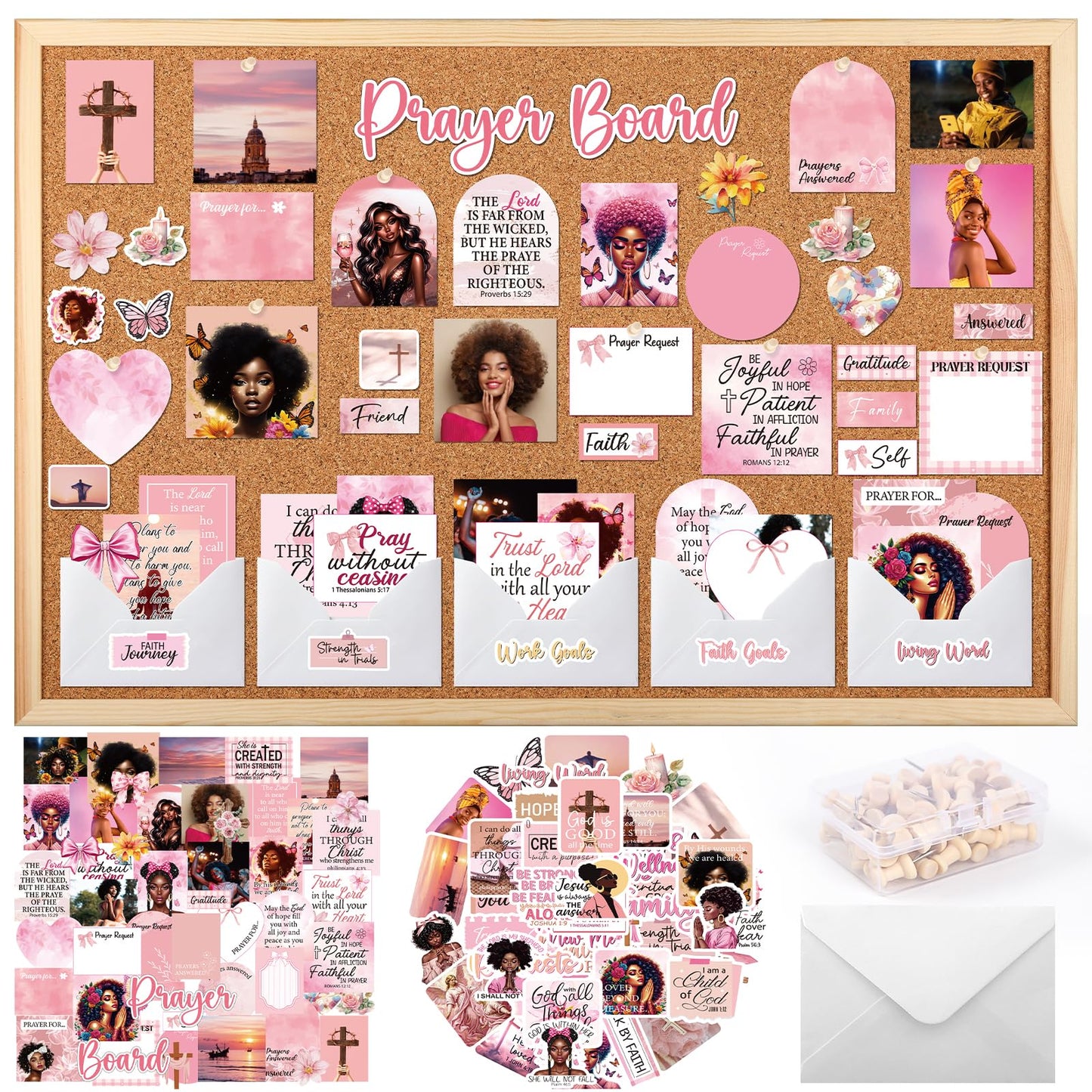 Black Women Prayer Board Kit - Vemfare 162 Pcs Prayer Board Stickers Supplies with Pins Envelope Bible Verse Quotes Cards, Pink Scrapbook Stickers, Bible Study Supplies for Women (Not Cork Board)