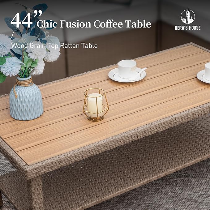 HERA'S HOUSE Patio Furniture Set 7 Pieces, Outdoor Sectional Wicker Sofa with 44" Coffee Table All Weather 6 Seats, 5.5" Thick Waterproof Cushion Modular Conversation Set for Garden Deck Backyard