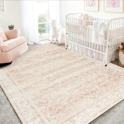 Pink Nursery Rug for Baby Girl 5 x 7 Neutral Blush Pink Boho Cute Floral Foldable Machine Washable Low Pile Soft Surface Carpet Area Rugs for Living Room Bedroom Dorm Kids Playroom,5x7