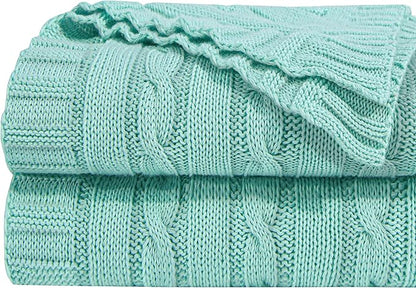 NTBAY 100% Pure Cotton Oversize (60x80) Cable Knit Throw Blanket, Super Soft Warm Knitted Throw Blanket for Bed, Sofa, Chair, Couch - Extra Cozy, Machine Washable, Comfortable Home Decor, Mint