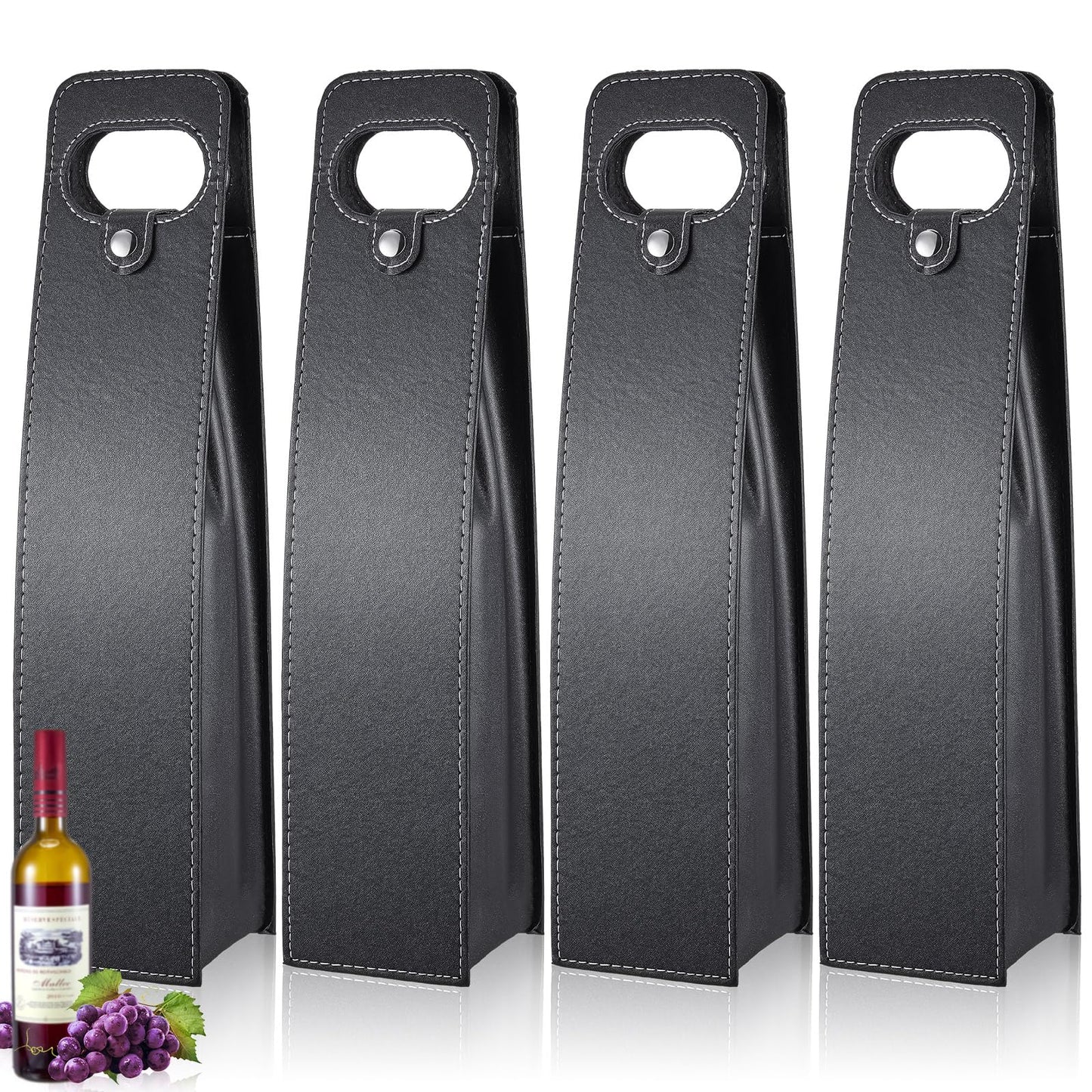 Abbylike 4 Pcs Wine Tote Bag Reusable Leather Wine Carrier Purse Case Holder Single Bottle Champagne Beer Gift Bags for Wedding Birthday Party, Black