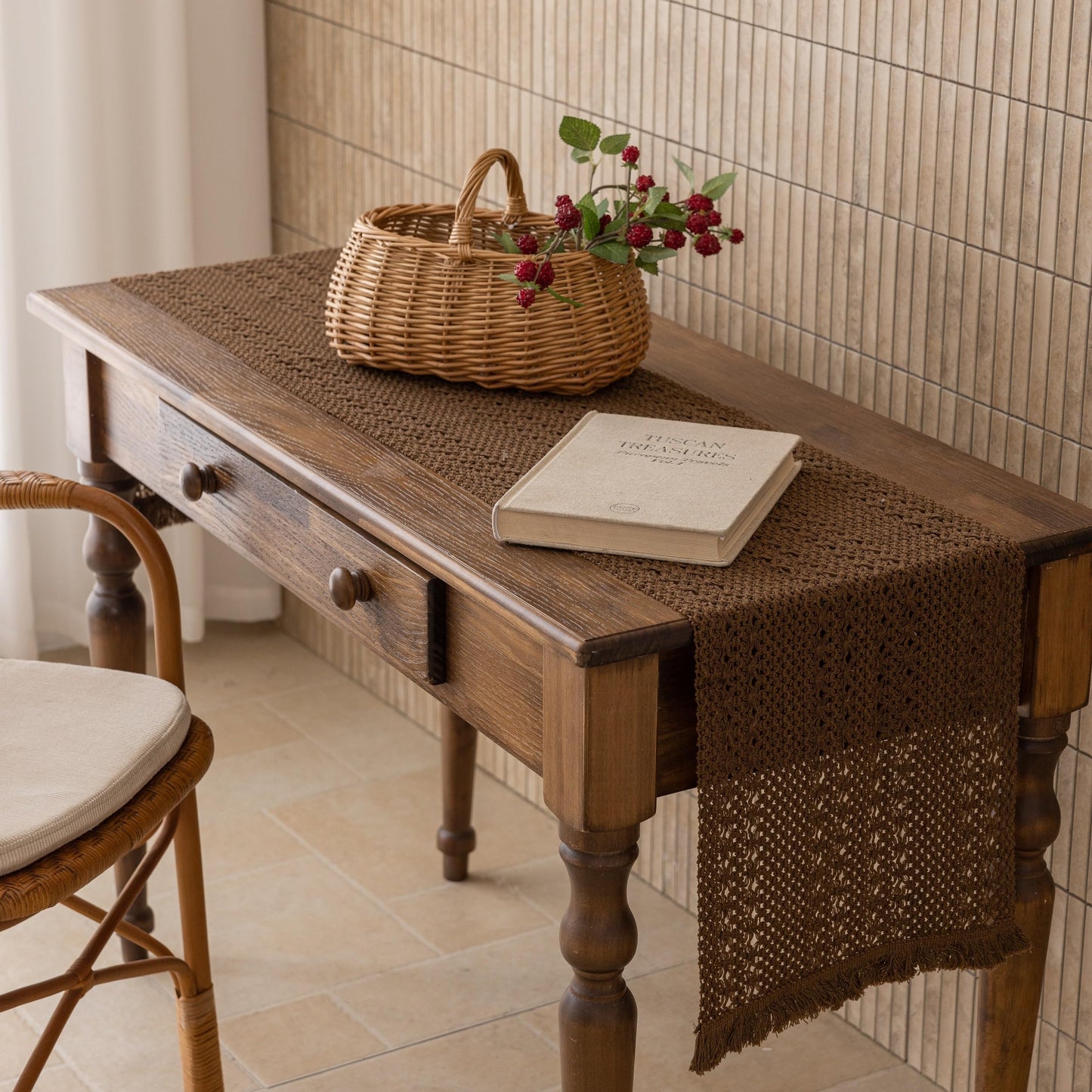 Keketoarrange Boho Brown Table Runner for Home Decor 13x72 Inches Farmhouse Small Macrame Woven Burlap Jute Rustic Coffee Table Runner Dresser Scarf Dining Kitchen Centerpiece Bohemian Decor