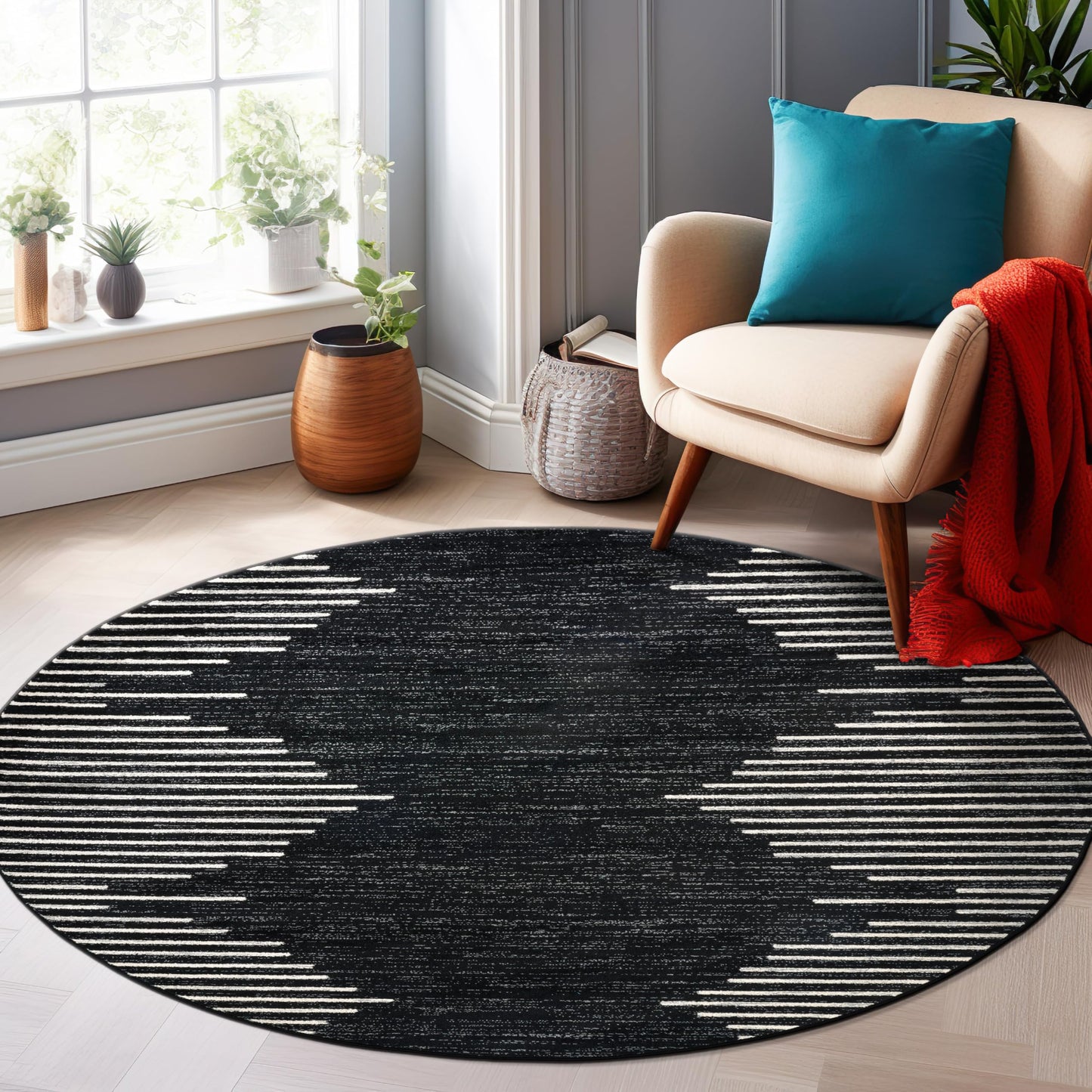 Rugshop Bohemian Stripe Stain Resistant High Traffic Living Room Kitchen Bedroom Dining Home Office Round Area Rug 6' Round Black