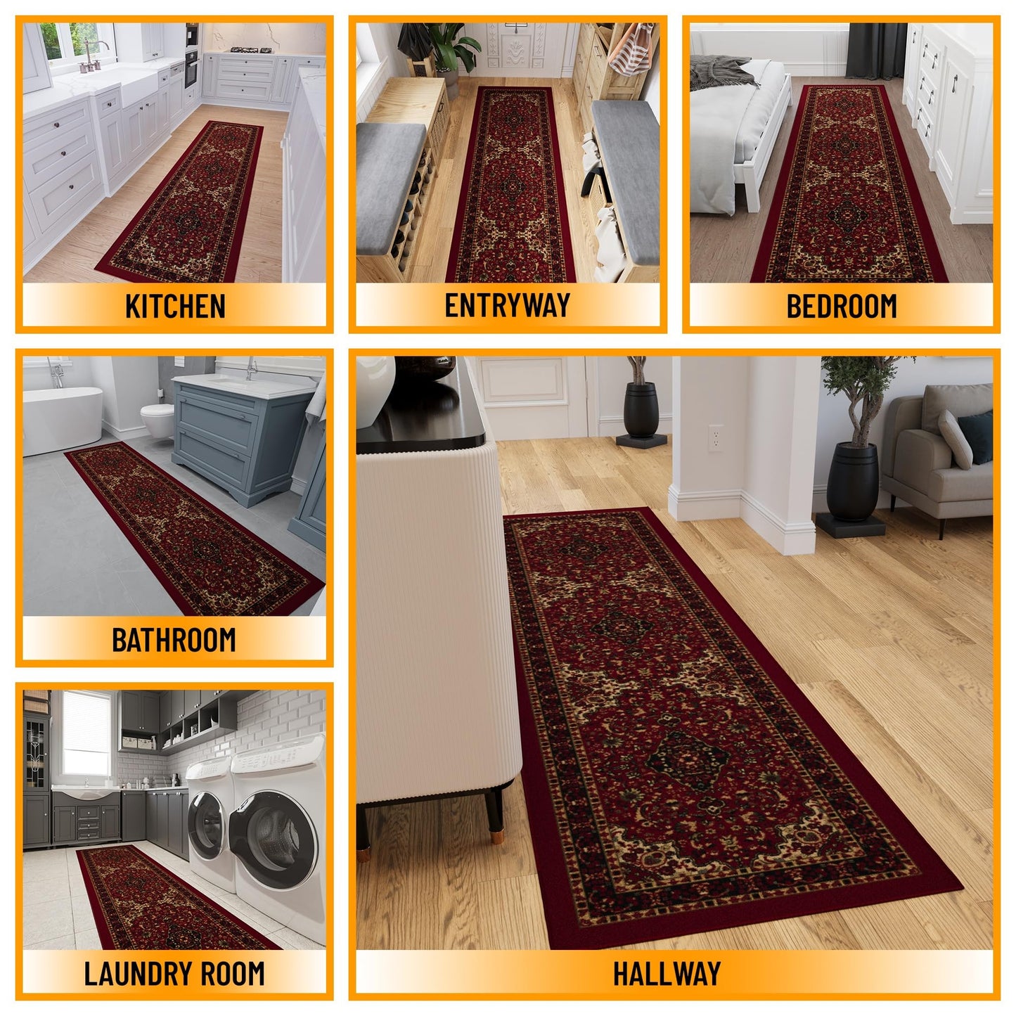 Ottomanson Hallway Runner Rug 2'7" x 9'6" Non Slip Oriental Area Rugs Easy to Clean Laundry Rug Runner Durable & Pet Friendly Floor Carpet Runners for Hallways Entryway Living Room Kitchen, Red