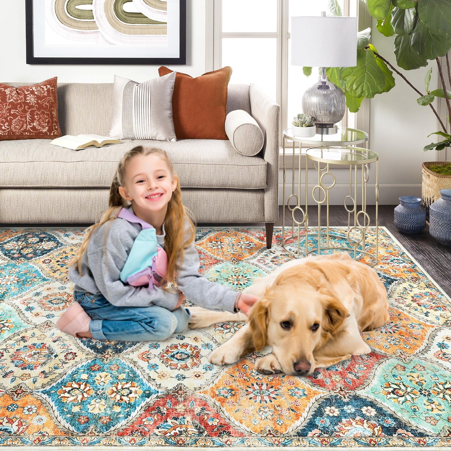 ROYHOME Runner Rug Washable Moroccan Trellis Hallway Runner Rug Entryway Rug, Stain Resistant Non-Slip Vintage Distressed Bedroom Rug Runner Entrance Carpet for Laundry Kitchen, Cream, 2' x 6'