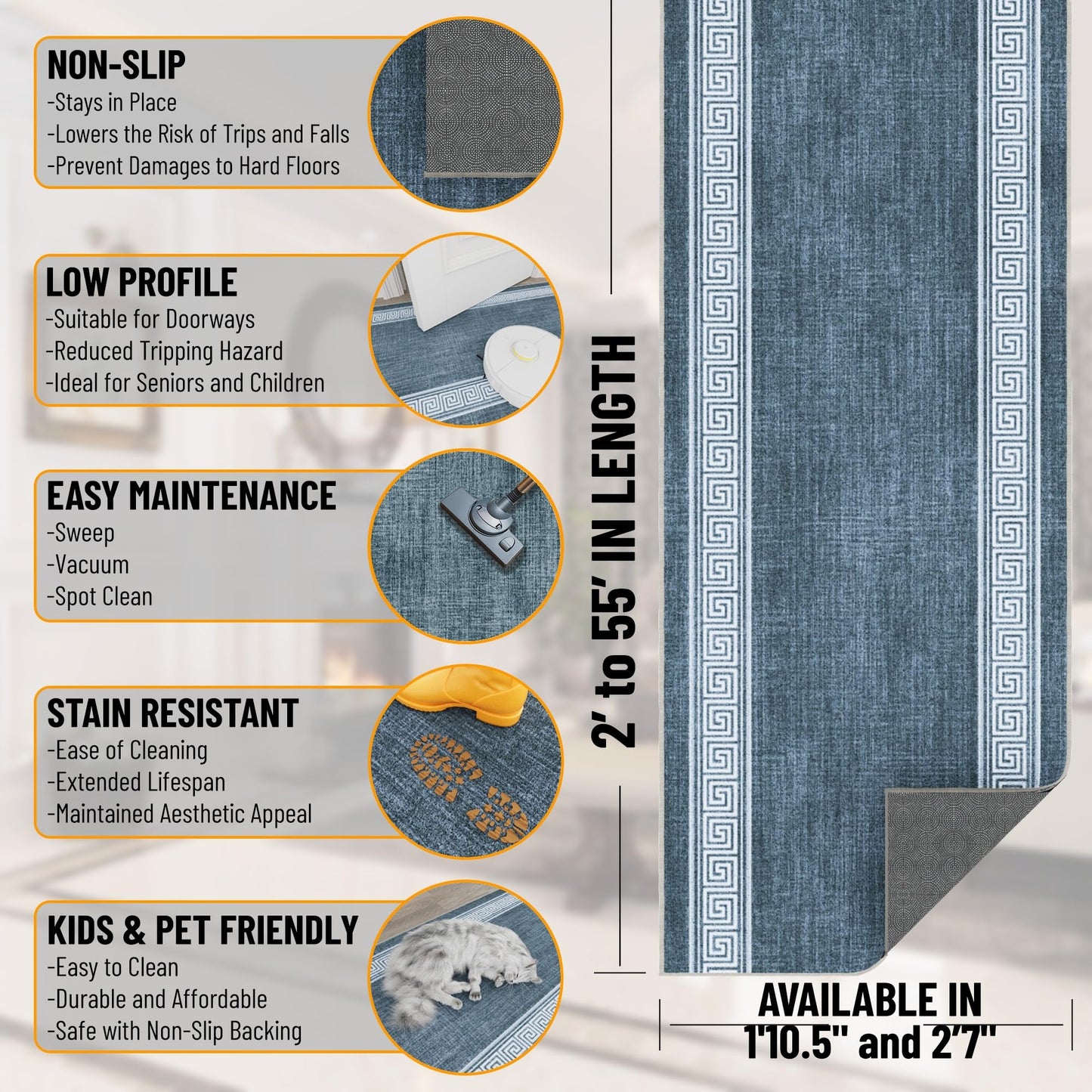 Ottomanson Kitchen Runner Rug 1'10.5" x 6' – Machine Washable Soft Non-Slip Rug, Quick Dry Low Pile Carpet for Kitchen, Bathroom & Entryway, Greek Border Greyish Blue