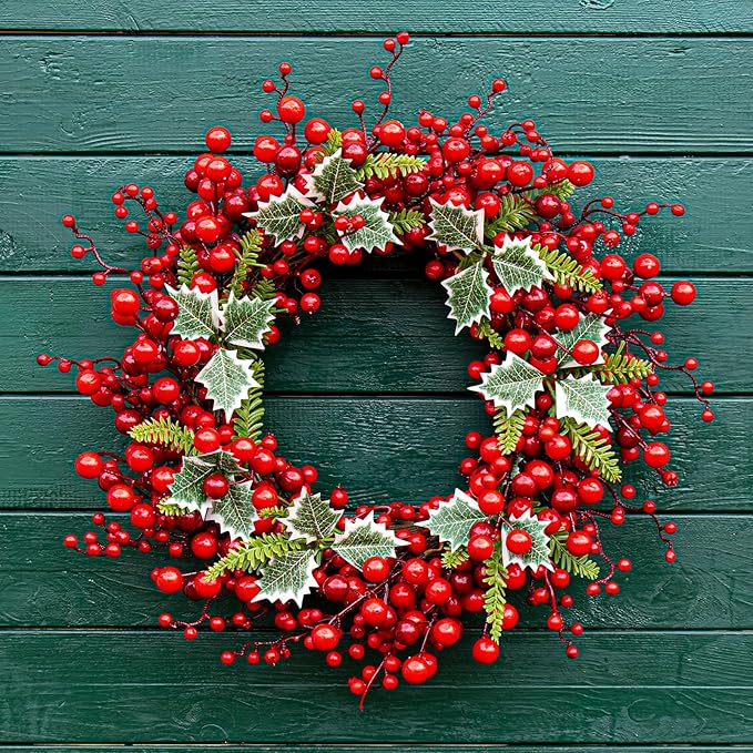 JINGHONG Artificial Christmas Wreath 20 Inch Christmas Wreaths for Front Door Red Berry Wreath with Holly Berries Leaves Pine Needles for Indoor Outdoor Xmas Winter Holidays