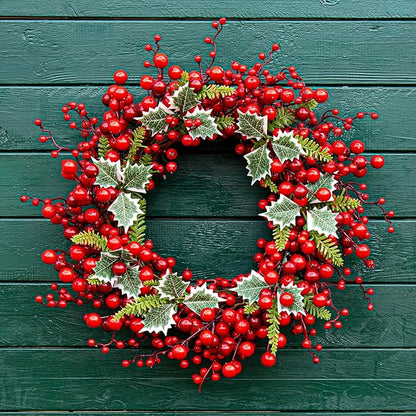 JINGHONG Artificial Christmas Wreath 20 Inch Christmas Wreaths for Front Door Red Berry Wreath with Holly Berries Leaves Pine Needles for Indoor Outdoor Xmas Winter Holidays