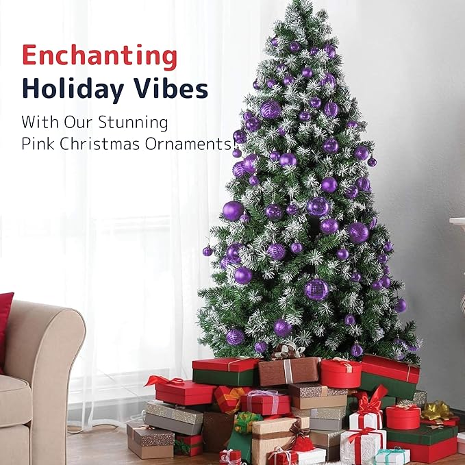 PREXTEX 36-Piece Purple Christmas Ornaments Set - Shatterproof Plum Xmas Tree Balls - 6 Styles, 3 Sizes with Hanging Loops to Decorate Christmas Tree Ornaments for Indoor and Outdoor Holiday Decor