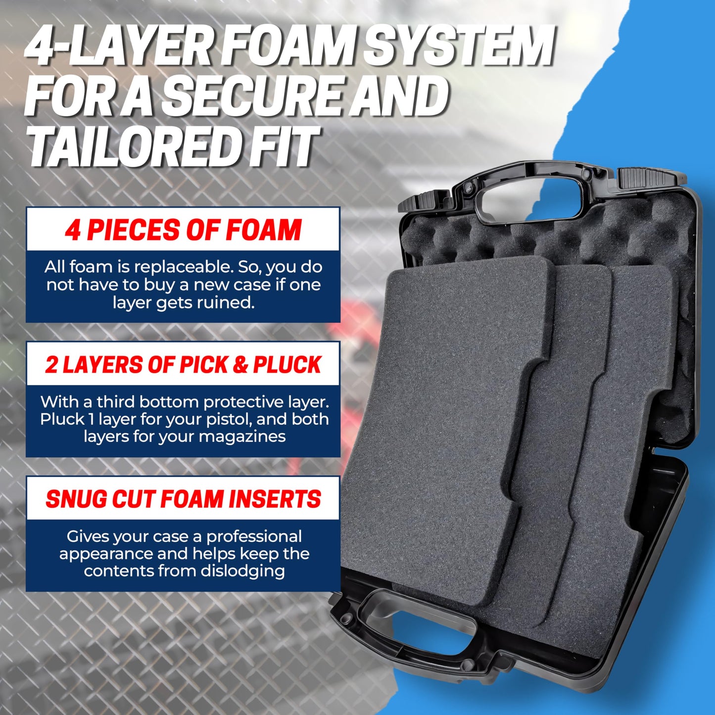 TSA Approved Hard Gun Case – Airline Approved Lockable Pistol Carrying Case with Dual Latch & Customizable Foam – Fits 9mm Handgun, Revolver & Firearm for Travel & Range Use (3-in-1 Bundle)