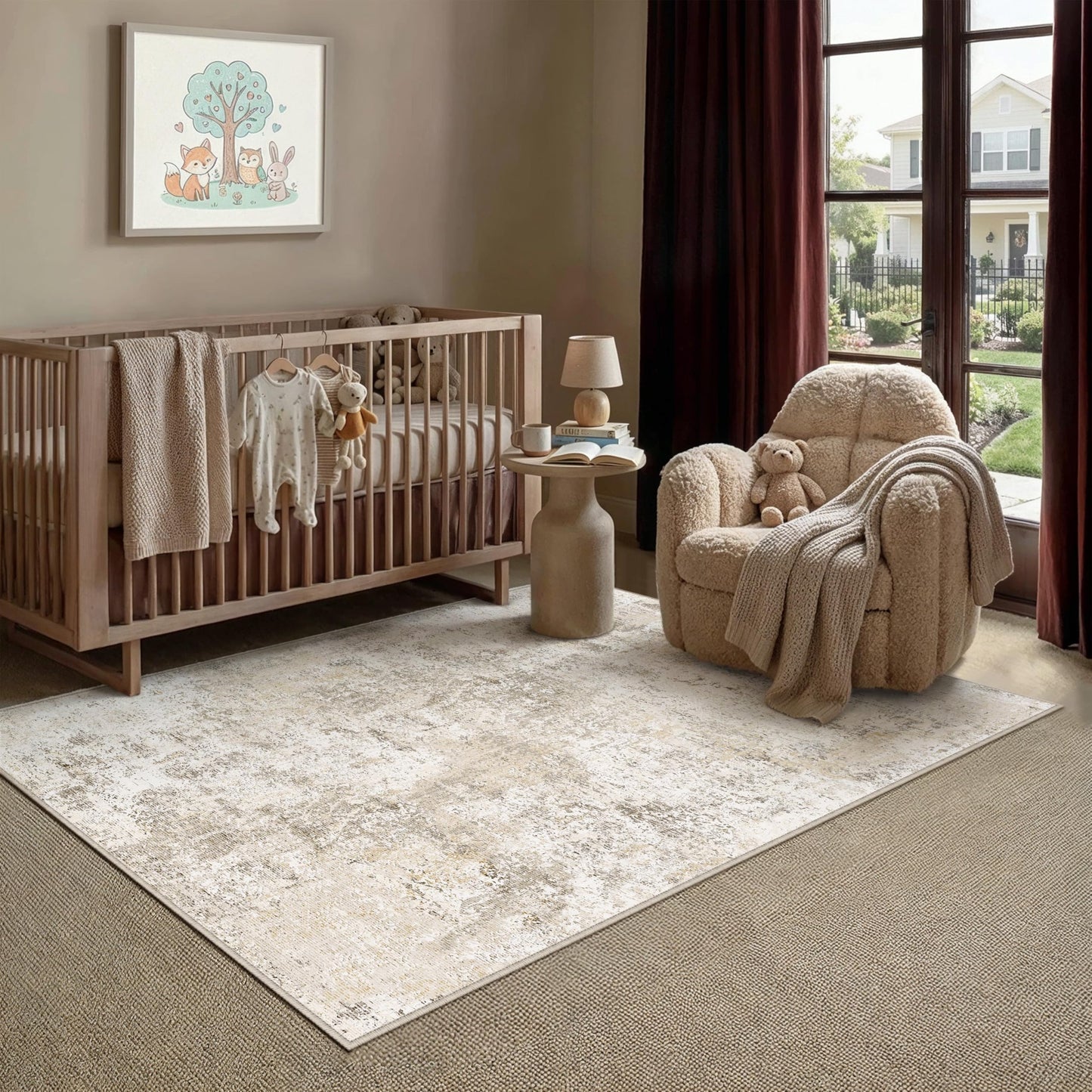 PureCozy 3x5 Washable Area Rug Beige Abstract Non Slip Carpet for Office Entryway Soft Low Pile Neutral Modern Throw Indoor Door Mat Kitchen Living Room Bedroom Bathroom