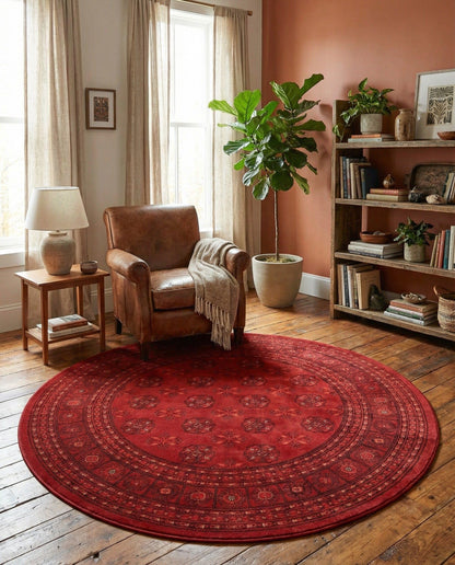 Rugs.com Bokhara Collection Rug – 5 Ft Round Red Medium-Pile Rug Perfect for Kitchens, Dining Rooms